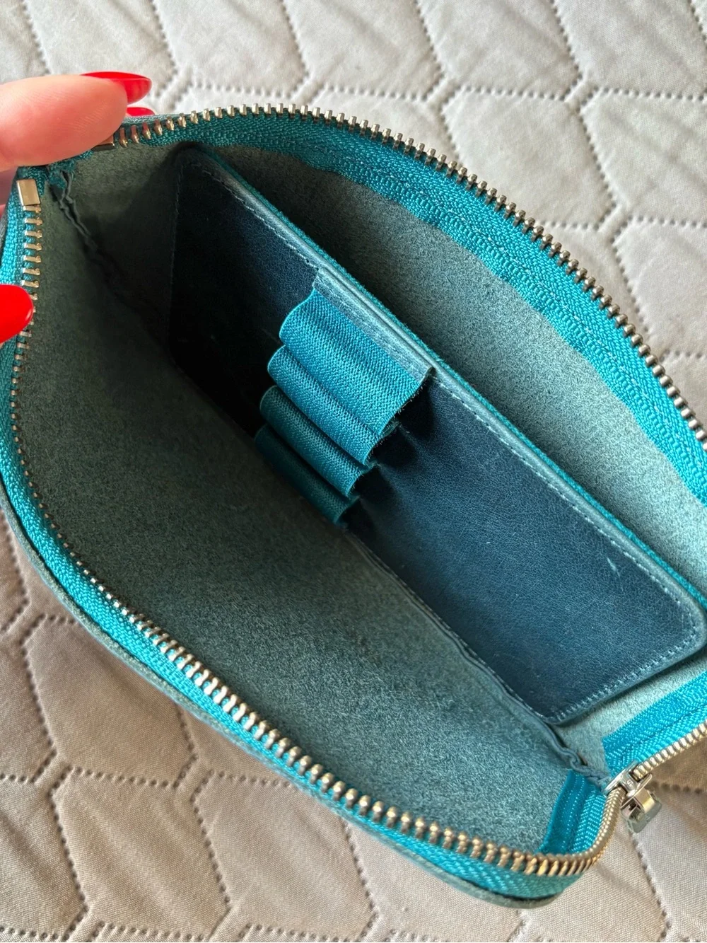 Galen Leather Ocean Blue Teal Leather Zip Wallet with Card & Pen Organizer